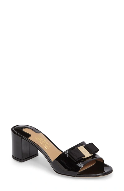 Shop Ferragamo Eolie Block Heel Bow Sandal In Black Patent