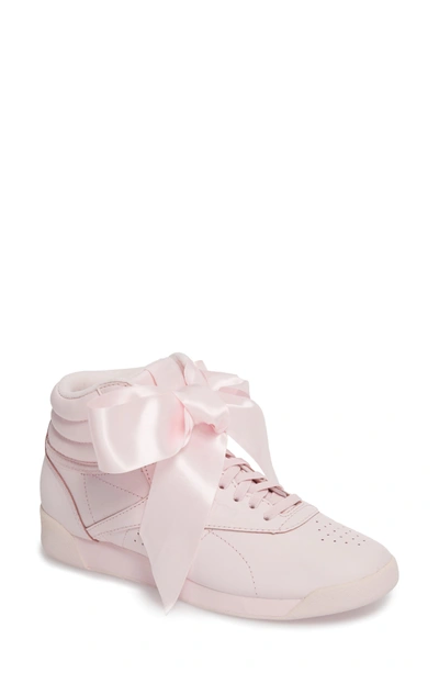 Shop Reebok Freestyle Hi Satin Bow Sneaker In Porcelain Pink/ Skull Grey