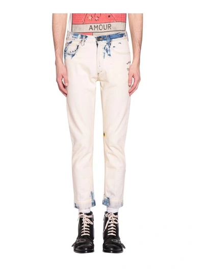 Shop Gucci Cotton Denim Bleached Embroidered Jeans In Blu