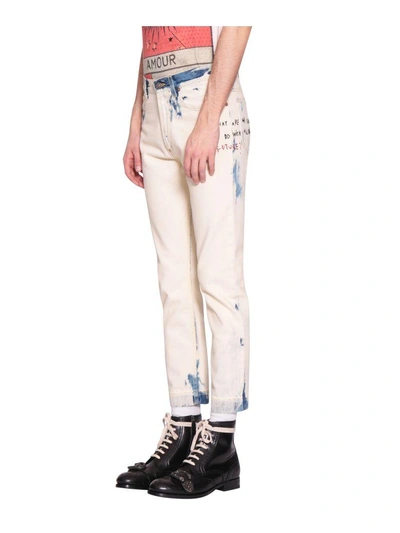 Shop Gucci Cotton Denim Bleached Embroidered Jeans In Blu