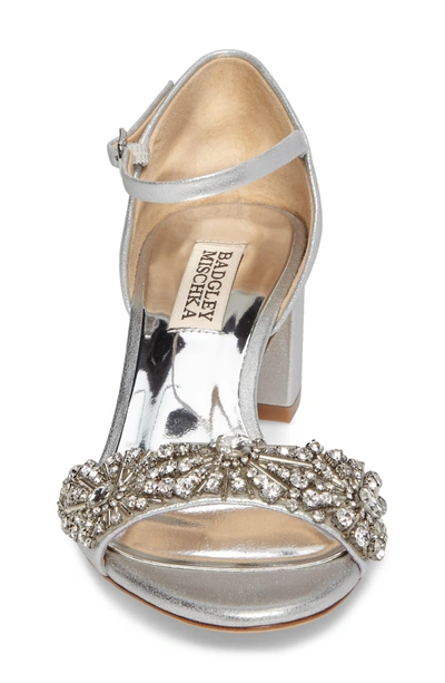 Shop Badgley Mischka Mareva Ankle Strap Block Heel Sandal In Silver Metallic Suede