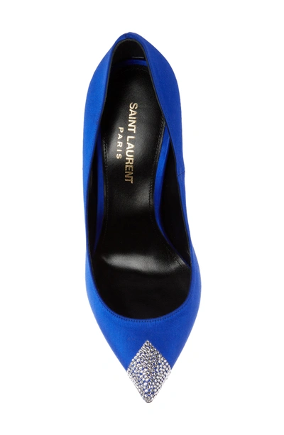 Shop Saint Laurent Tower Crystal Pointy Toe Pump In Blue