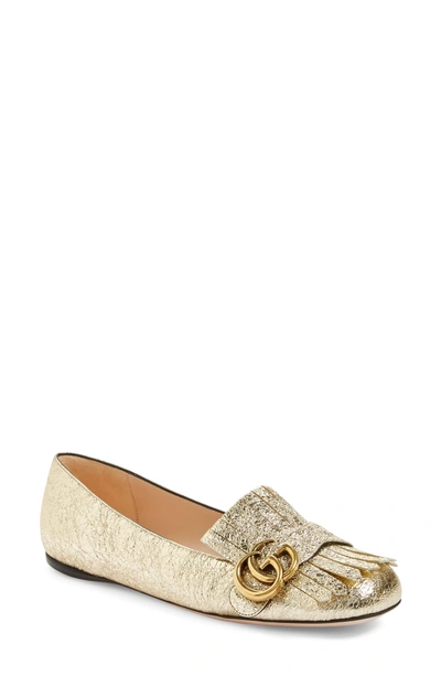 Shop Gucci Gg Marmont Flat In Gold Leather