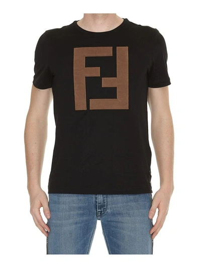 Shop Fendi Leather Logo T-shirt In Black