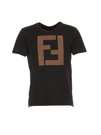Shop Fendi Leather Logo T-shirt In Black