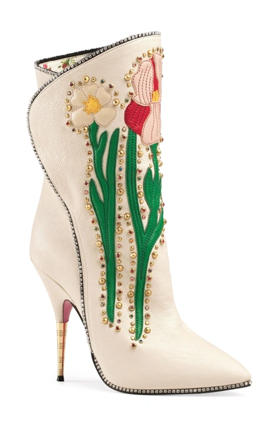Shop Gucci Fosca Floral Embellished Pointy Toe Boot In White Floral