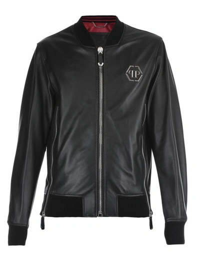 Shop Philipp Plein Leather Bomber Jacket In Black-red