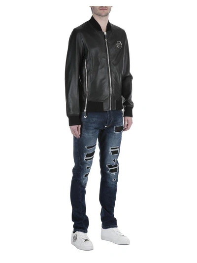 Shop Philipp Plein Leather Bomber Jacket In Black-red