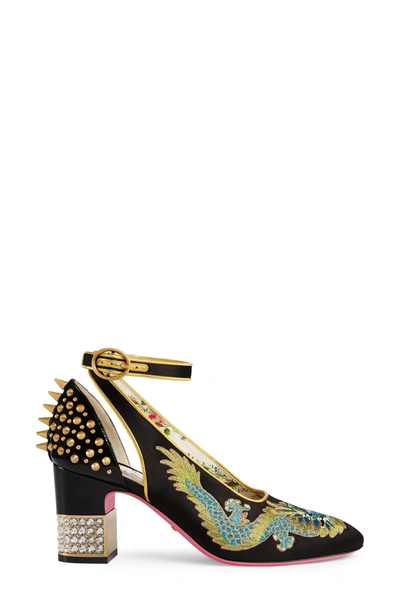 Shop Gucci Caspar Embroidered Ankle Strap Pump In Black Multi