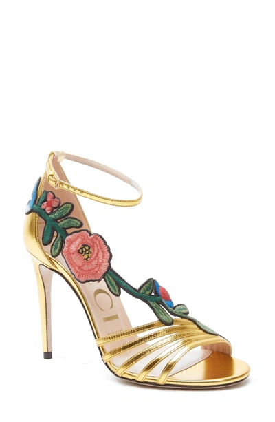 Shop Gucci Ophelia Floral Sandal In Metallic Gold