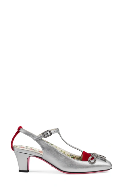Shop Gucci Anita Crystal Bow T-strap Pump In Silver