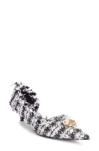 Shop Balenciaga Tweed Pointy Toe Half D'orsay Pump In White/ Black