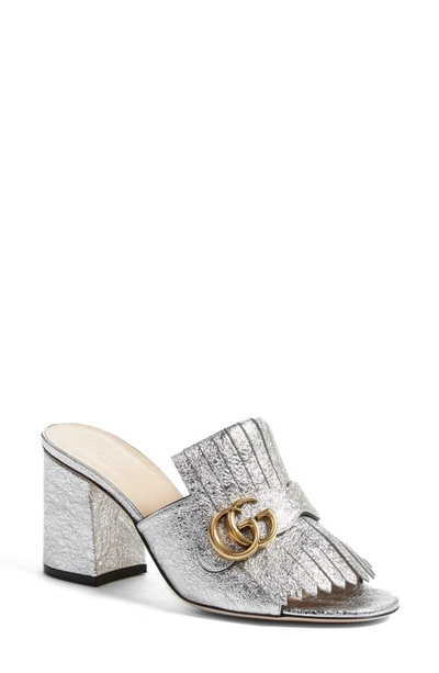 Shop Gucci Gg Marmont Peep Toe Kiltie Mule In Silver Leather