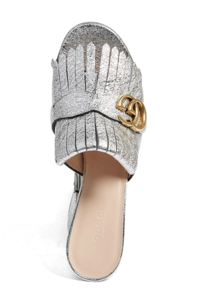 Shop Gucci Gg Marmont Peep Toe Kiltie Mule In Silver Leather