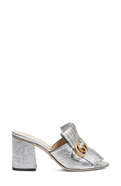 Shop Gucci Gg Marmont Peep Toe Kiltie Mule In Silver Leather