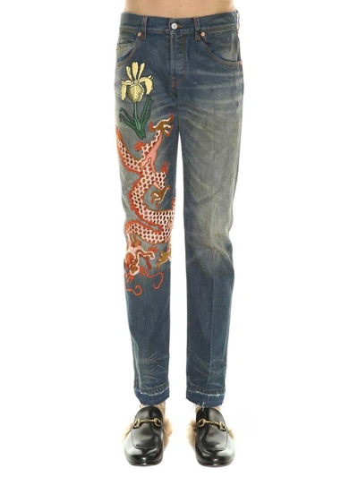 Shop Gucci Jjeans In Stone Washed Denim With Embroidery In Blu-multicolor
