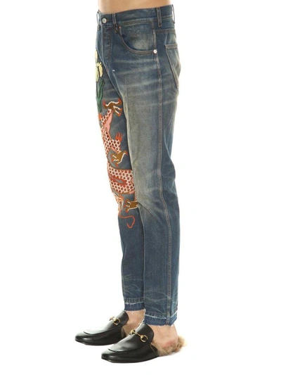 Shop Gucci Jjeans In Stone Washed Denim With Embroidery In Blu-multicolor