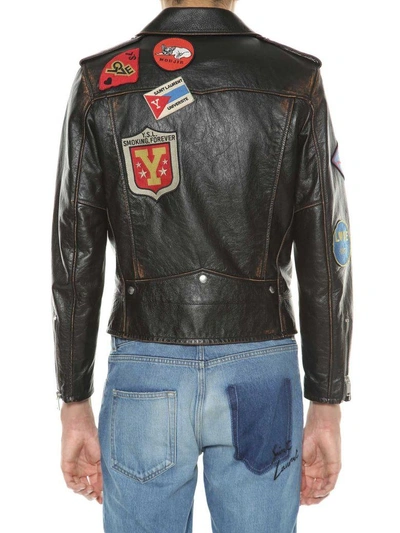 Shop Saint Laurent Biker Jacket With Multicolor Patches In Noir-cognac-multicolor