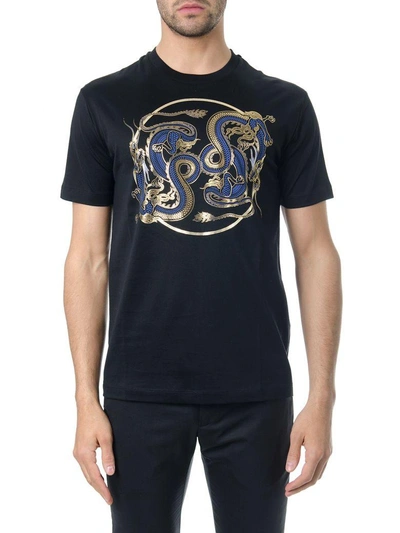 Shop Les Hommes Dragon Print Black Cotton T-shirt