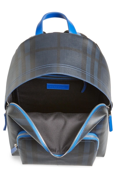 Shop Burberry Check Faux Leather Backpack - Blue In Navy/ Blue