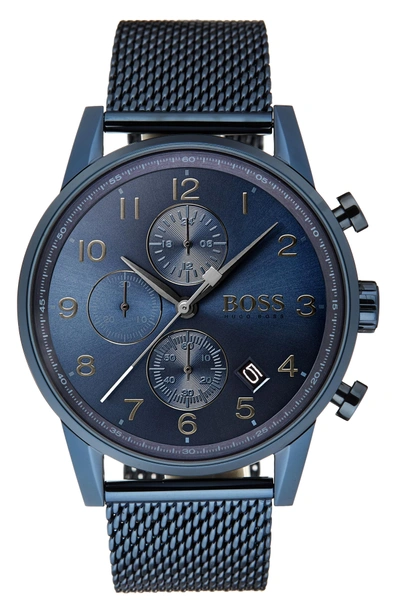 Shop Hugo Boss Navigator Chronograph Mesh Strap Watch, 44mm In Navy/ Navy