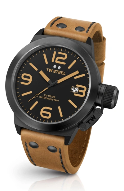 Shop Tw Steel Canteen Leather Strap Watch, 45mm In Camel/ Black