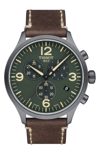 Shop Tissot Chrono Xl Leather Strap Chronograph Watch, 45mm In Brown/ Green/ Black