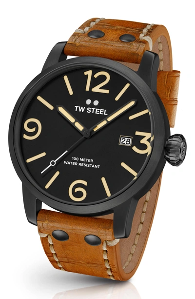 Shop Tw Steel Maverick Leather Strap Watch, 45mm In Sienna/ Black