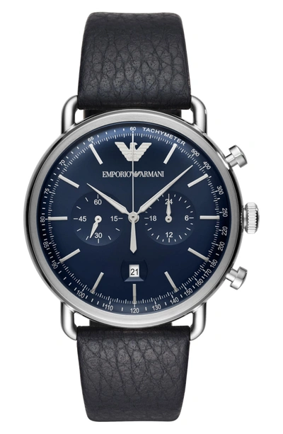Shop Emporio Armani Aviator Leather Strap Chronograph Watch, 43mm In Blue/ Blue