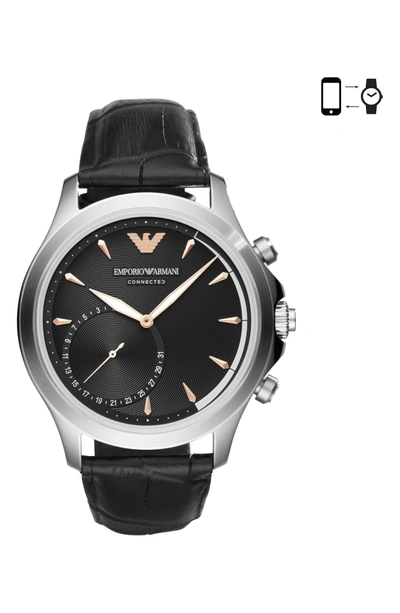 Shop Emporio Armani Leather Strap Hybrid Smartwatch, 43mm In Black/ Black