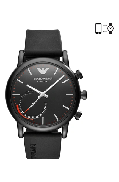 Shop Emporio Armani Silicone Strap Hybrid Smartwatch, 43mm In Black/ Black