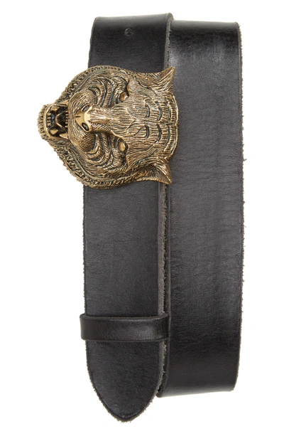 Shop Gucci Tiger Head Leather Belt In Black