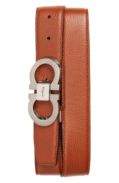 Shop Ferragamo Etched Double Gancini Leather Belt In Brown