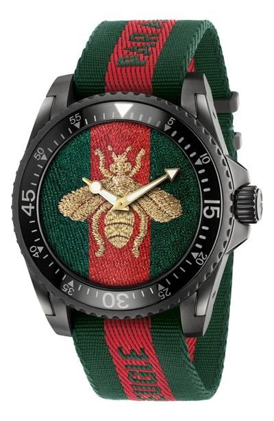 Shop Gucci Bee Nylon Strap Watch, 47mm In Green/ Red/ Green