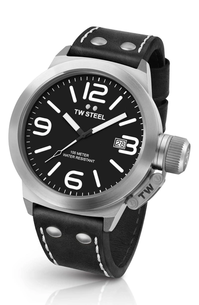 Shop Tw Steel Canteen Leather Strap Watch, 50mm In Black/ Silver