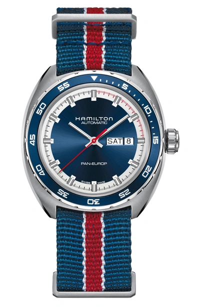 Shop Hamilton American Classic Pan Europ Automatic Leather Strap Watch; 42mm In Black/ Blue/ Silver