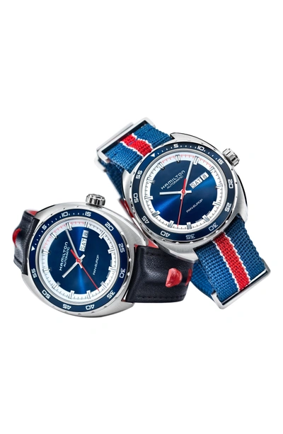 Shop Hamilton American Classic Pan Europ Automatic Leather Strap Watch; 42mm In Black/ Blue/ Silver