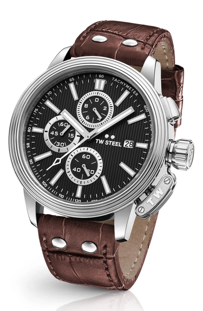 Shop Tw Steel Ceo Adesso Chronograph Leather Strap Watch, 48mm In Brown/ Black/ Silver