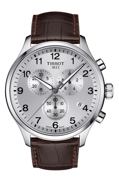 Shop Tissot Chrono Xl Collection Chronograph Leather Strap Watch, 45mm In Brown/ Silver