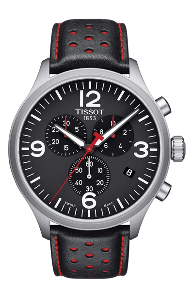 Shop Tissot Chrono Xl Collection Chronograph Leather Strap Watch, 45mm In Black/ Red/ Silver