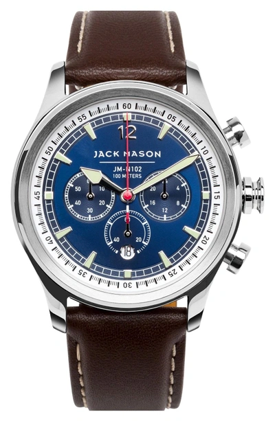 Shop Jack Mason Nautical Chronograph Leather Strap Watch, 42mm In Navy/ Brown