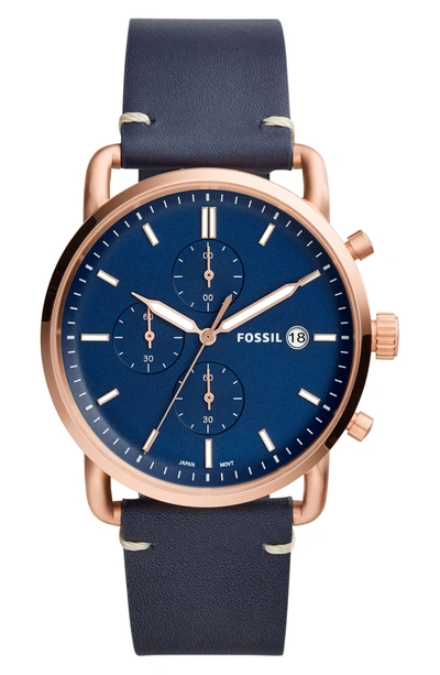 Shop Fossil The Commuter Chronograph Leather Strap Watch, 42mm In Blue/ Rose Gold