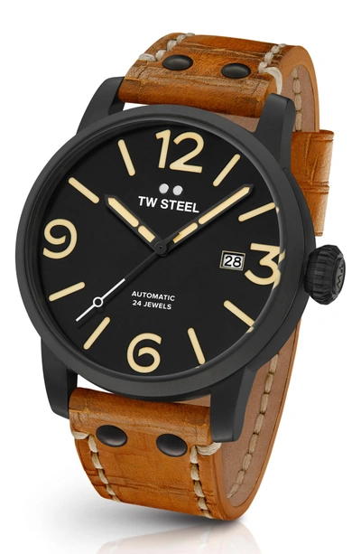 Shop Tw Steel Maverick Automatic Leather Strap Watch, 48mm In Sienna/ Black