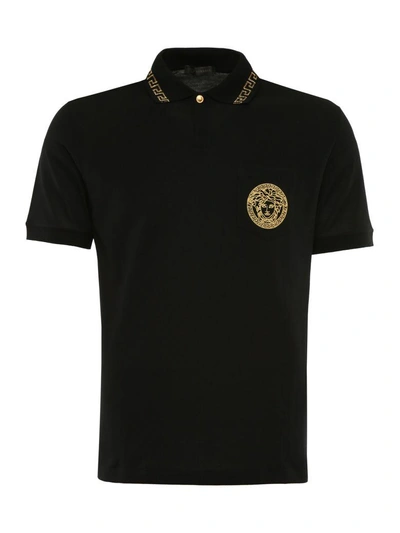 Shop Versace Embroidered Polo Shirt In Nero-oronero