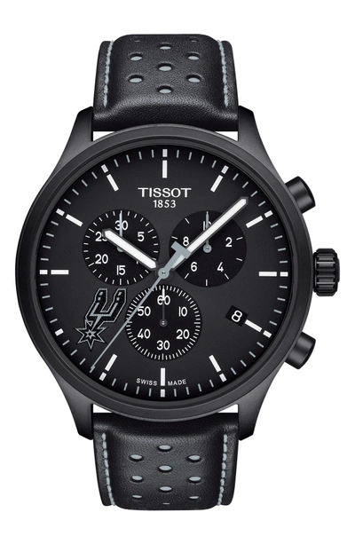 Shop Tissot Chrono Xl Nba Leather Strap Watch, 45mm In Black/ Grey