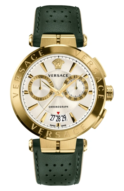 Shop Versace Aion Chronograph Leather Strap Watch, 45mm In Grey/ Silver/ Gold