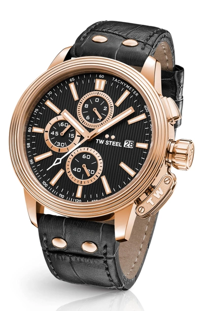Shop Tw Steel Ceo Adesso Chronograph Leather Strap Watch, 48mm In Black/ Rose Gold