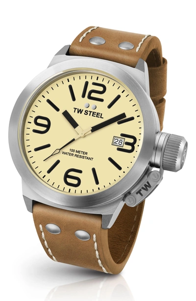 Shop Tw Steel Canteen Leather Strap Watch, 50mm In Tan/ Cream/ Silver