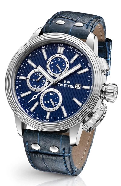 Shop Tw Steel Ceo Adesso Chronograph Leather Strap Watch, 48mm In Blue/ Silver