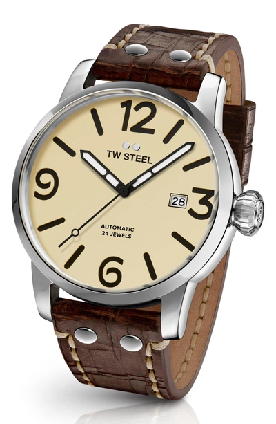Shop Tw Steel Maverick Automatic Leather Strap Watch, 48mm In Chocolate/ Cream/ Silver